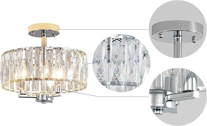 AGV LIGHTING CL003F K9 Crystal Ceiling Light Fixture, Modern Semi Flush Ceiling Lights, Perfect for Living Room, Bedroom, Dining Room, D13 x H15, 3-Light Chrome Finish