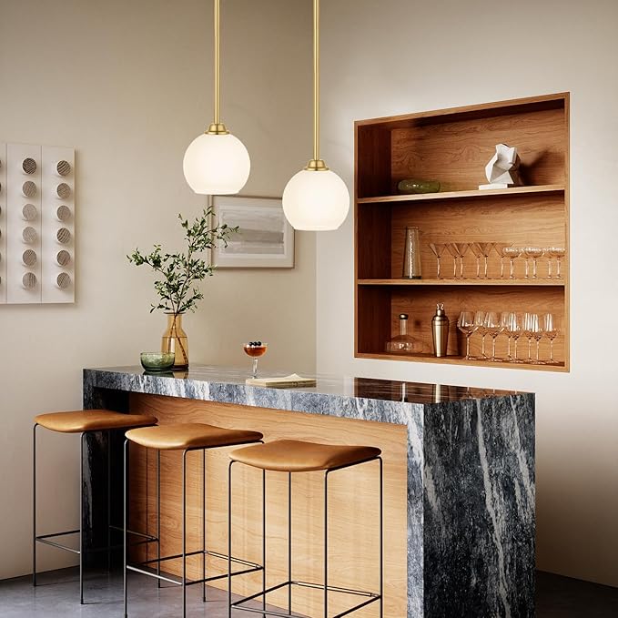 Modern Gold 2-Pack Pendant Light Fixture, Globe Shape, Adjustable Height, Kitchen Island, Dining Room, Living Room, Milk Frosted Glass Shade, ETL Listed
