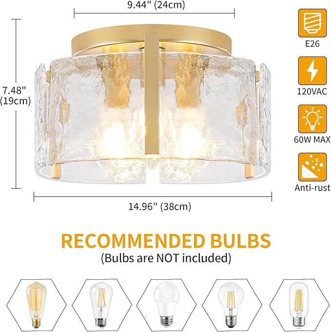 15'' Modern Gold Semi Flush Mount Ceiling Light, 3-Light Glass Drum Light Fixtures, Ceiling Lights for Hallway Entryway Foyer Bedroom Kitchen Island Dining Room Laundry Room Bathroom Lighting Fixture