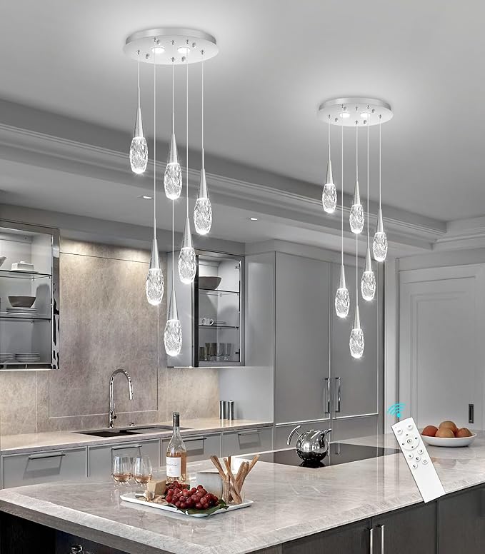6-Lights Adjustable Pendant Lights for Kitchen Island LED Dimmable Light Fixture Modern Glam Crystal Hanging Lighting for Dining Room Bedroom Silver