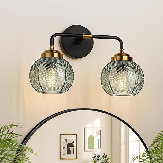 MOKATNG Bathroom Light Fixtures, 2-Light Green Vanity Lights with Unique Leaf Texture Glass Shade, Modern Matte Black and Gold Bathroom Wall Lamp for Mirror Hallway Cabinet Living Room