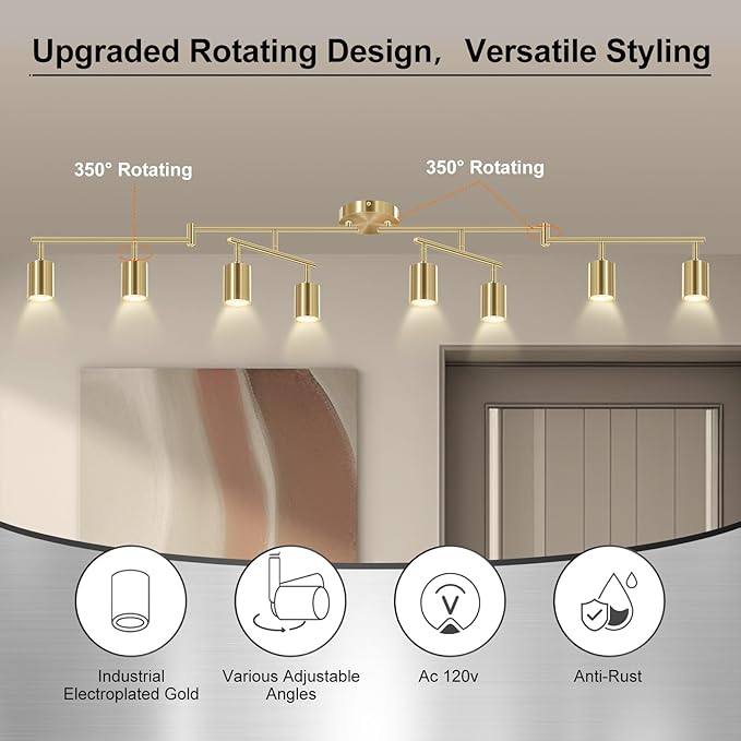 AUQUEE 8 Light Track Lighting Fixtures Ceiling, Gold Kichen Track Lighting Fixtures, Rotatable Light Heads, Adjustable Modern LED Track Lights for Kitchen/Hallway, No GU10 Bulb