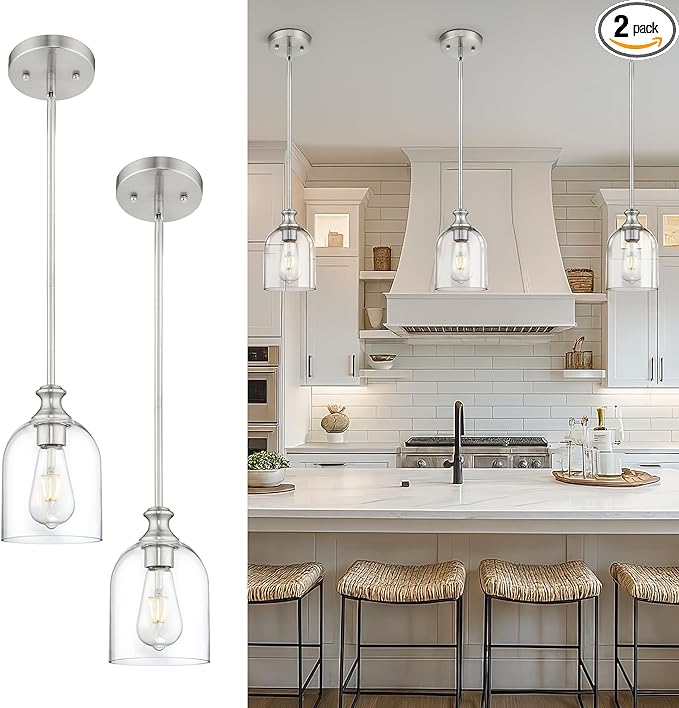 AUTELO 2 Pack Brushed Nickel Pendant Lights, Glass Pendant Lights Kitchen Island with Clear Cylinder Glass, Industrial Pendant Lighting with Adjustable Rods, H2511 CLST 2PK