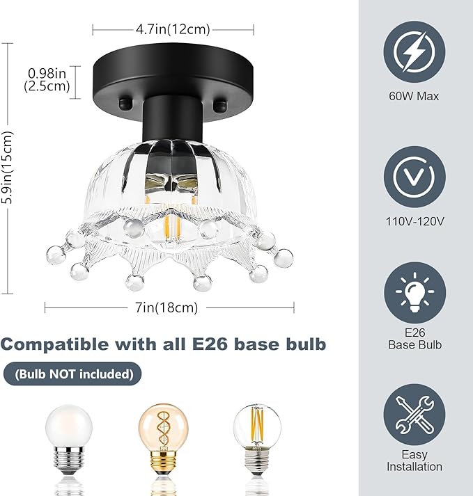 2 Pack Black Modern Ceiling Light, Small Kitchen Light Fixtures, Glass Semi Flush Mount Ceiling Light for Hallway, Foyer, Entryway, Laundry Room (7 in)