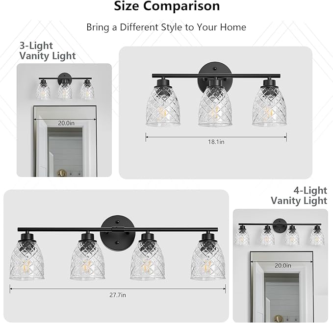 3-Light Bathroom Light Fixtures, Modern Black Vanity Light Over Mirror, Wall Sconce with Clear Hammered Glass Shades, E26 Base (Bulbs Not Included)