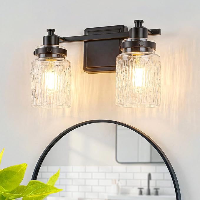 2 Lights Bathroom Light Fixtures Farmhouse Black Vanity Lights for Bathroom Lighting Fixtures Over Mirror with Hammered Glass Lampshade for Cabinet Mirror Bedroom Hallway