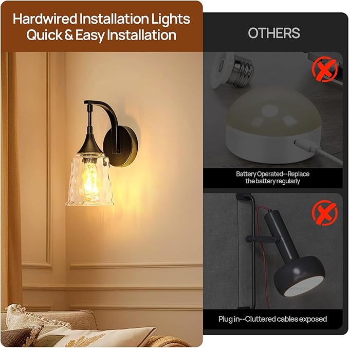 Black Wall Sconce，Modern Bathroom Wall Sconce Lights with Clear Glass Shade, Farmhouse Vanity Light Fixtures for Bedroom Mirror Hallway Entryway