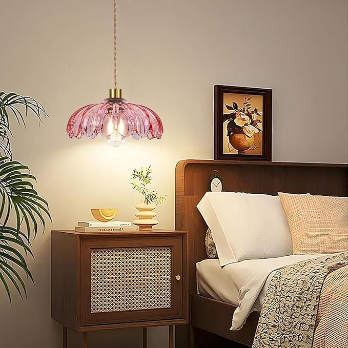 QIYIZM Pink Plug in Pendant Light Hanging Lights with Plug in Cord Boho Hanging Lamp Glass Gold Mid Century Modern Vintage Dimmable Flower Plug in Chandelier Ceiling Fixture for Living Room,Kitchen