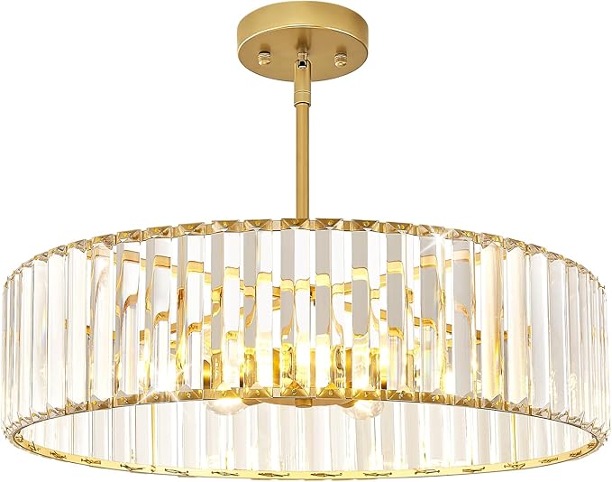 Glod Crystal Ceiling Light Fixture, Modern Semi Flush Chandelier, Round Hanging Lighting Chandeliers for Dining Room, Kitchen, Bedroom, 6-Light, 19.68 Inch