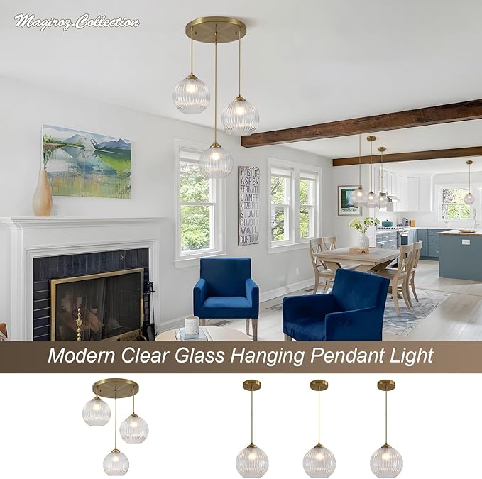3-Light Pendant Light Fixtures Brushed Gold Kitchen Island Lighting Modern Clear Glass Cluster Pendant Lights Chandelier Adjustable Cord Antique Brass Hanging Light for Dining Room MPL30-3B
