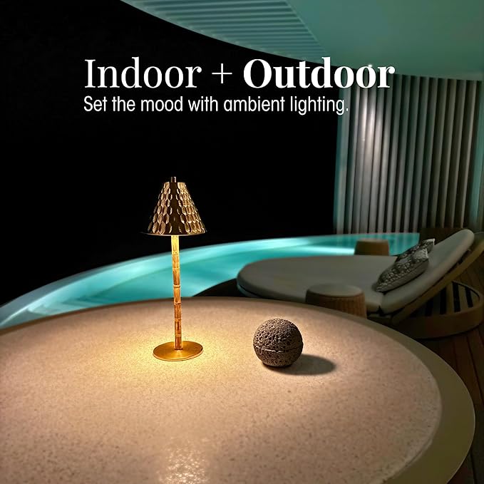 Bamboo Cordless LED Table Lamp – Rechargeable 24-Hour Battery, Dimmable Warm Light, 15" Portable Wireless Lamp with Remote for Indoor/Outdoor Use, Home, Patio, Restaurant – Textured Gold