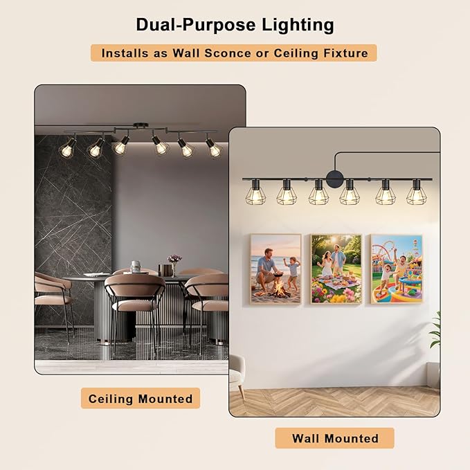 HiBay Plug in Track Lighting, 6-Light Rotatable Ceiling Light Fixture Black, Industrial Plug-in Track Lights with 16.4Ft Power Cord and in-Line On/Off Rocker Switch for Kitchen Living Room Office
