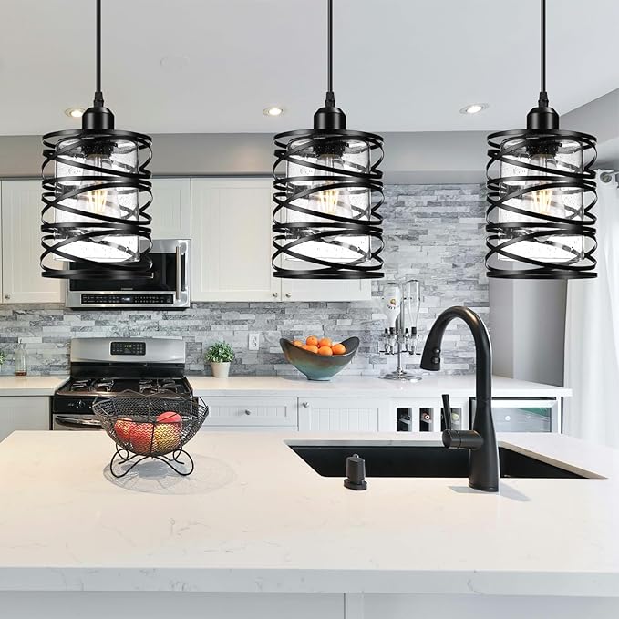 3 PACK Black Pendant Lights Kitchen Island, Small Kitchen Pendant Lighting Over Island, Modern Seeded Glass Hanging Light Fixtures, Single Ceiling Light for Kitchen, Dining Room, Bedroom, Foyer