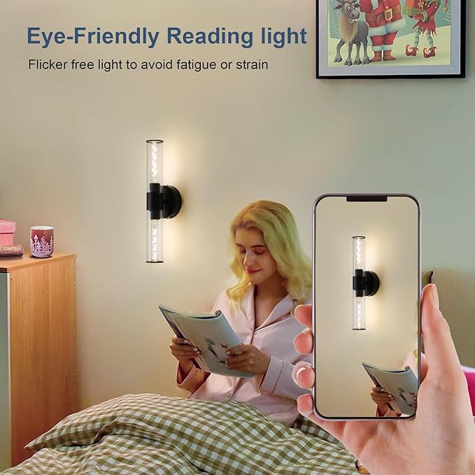 Black Battery Operated Wall Sconces Set of Two Modern Rechargeable Wall Sconces with Remote Control LED Dimmable Wall Lights for Living Room Bedroom Hallway (2 Pack)