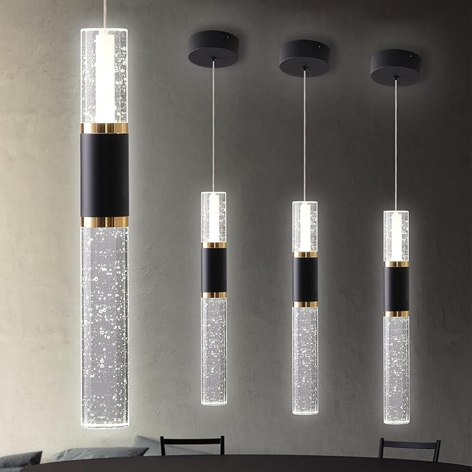 Modern Pendant Light Fixture, Black and Gold Kitchen Island Lighting for Dining Room Light Fixture Luxury Modern Led Pendant Light for Kitchen Island with Bubble Crystal Over Table