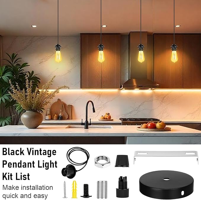 12 Pack Industrial Mini Pendant Light Kit Bulk, UL E26/E27 Lamp Socket 3.28 ft Adjustable Hanging Light Cord Kit Edison Vintage Retro Ceiling Lamp Fixture for Kitchen Bar Decor(Black)