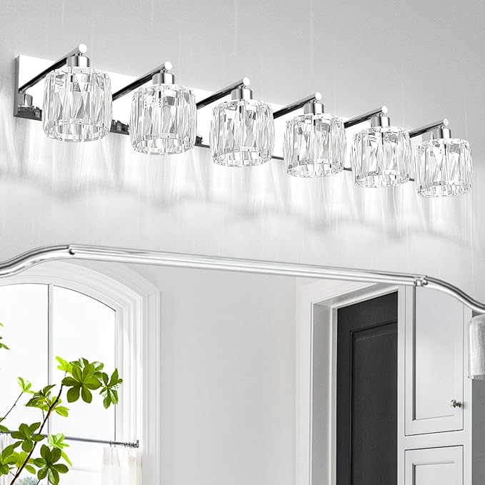 VOLISUN Crystal Vanity Lights for Bathroom, 6 Light Modern Stainless Steel Bathroom Light Fixtures Over Mirror, Chrome Bathrooms Lights Fixtures - UL Certificated (Exclude Bulb)
