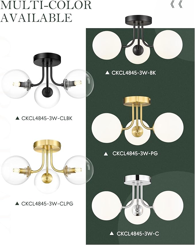 3-Globe Gold Flush Mount Ceiling Light in a Modern Farmhouse Design is Ideal for Living Rooms, Bedrooms, or Dining Rooms. Model:CKCL4845-3W-CLPG,(Bulb Incl)