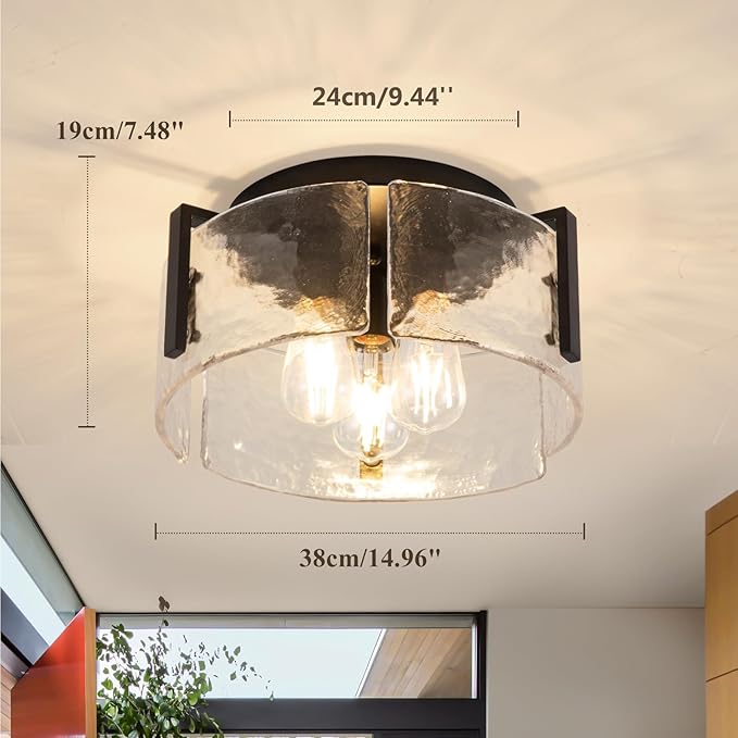 Black Semi Flush Mount Ceiling Light Fixture, Modern Glass Drum Ceiling Lights, 3-Light Hallway Light Fixtures for Kitchen Island, Bedroom, Bathroom, Laundry Room, Entryway