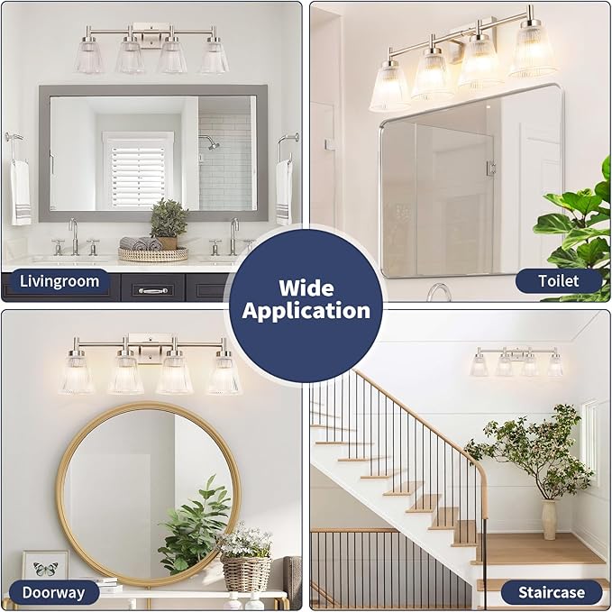 OCIOC 4-Light Vanity light fixtures, Brushed Nickel Vanity lights over mirror makeup light wall sconces with clear Striped glass shade, Bathroom lighting fixtures for Living room, Bedroom, Kitchen