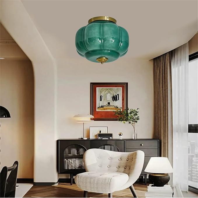 LIGHTLAND Milk Glass Ceiling Light, 15 Inch 3-Light Metal Glass Flush Mount Ceiling Light Fixture for Entryway, Hallway, Living Room, Bedroom (Style C, Green)