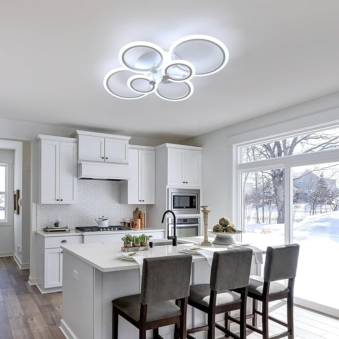 DELIPOP Modern Ceiling Light, White 6 Rings Flush Mount Ceiling Light, 31 Inch 6500K Cool White Led Chandelier Lighting for Bedroom, Living Room, Kitchen, Dining Room