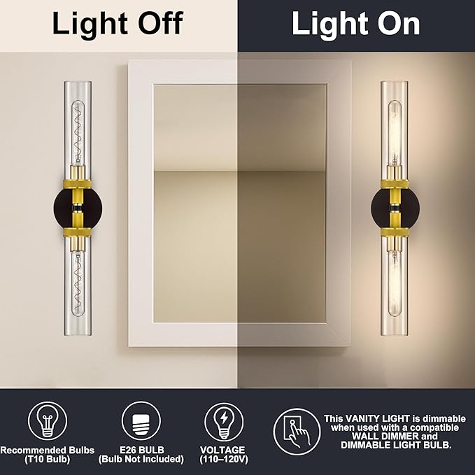 LaLuLa 2-Pack Black and Gold Bathroom Vanity Light Fixtures – Modern 2-Light Wall Sconces with Knurled Texture and Clear Glass Shades, Bathroom Lighting Fixtures Over Mirror, 25 Inch