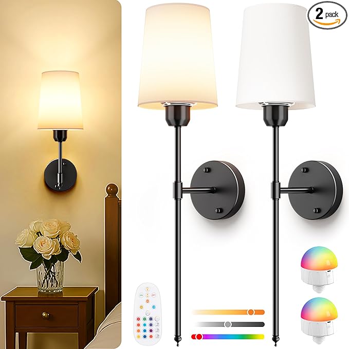 Wall Sconces Set of 2 Battery Operated, Black Wall Lights with Rechargeable Magnetic Bulbs and Remote, Dimmable & 15 RGB Cordless Wall Lamps for Bedroom Living Room Hallway, 23 Inch