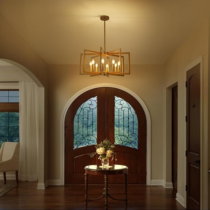 Klgxnrd 8-Light Modern Farmhouse Gold Geometric Chandelier, Large Industrial Metal Kitchen Light Fixtures, Rustic Cage Hanging Lights for Dining Room Entryway Foyer Living Room Stairway