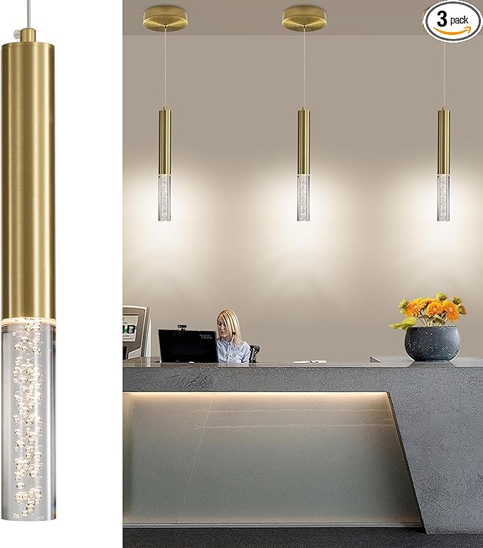 3 Pack Gold Linear LED Pendant Lights, Modern Minimalist Hanging Light Fixtures, Bubble Acrylic, 3 Color 3000K/4500K/6500K, Ceiling Chandeliers Lights for Kitchen Island, Dining Room, Bedroom, Bar