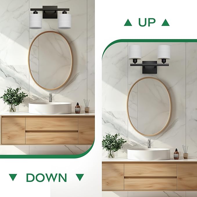 PARTPHONER Bathroom Light Fixtures, Bathroom Lighting Fixtures Over Mirror, Interior Classic Vanity Lights, Modern Vanity Light with Textured White Glass Shade, Matte Black, 2-Light