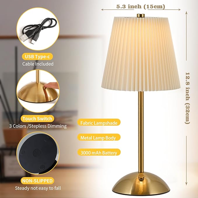 Cordless Rechargeable Table Lamp 3-Color Dimmable Touch Control, 3000mAh Battery Operated Portable Light Beige Fabric Shade for Bedroom, Living Room, Office, Nursery, Bathroom ( Antique Brass, Gift )