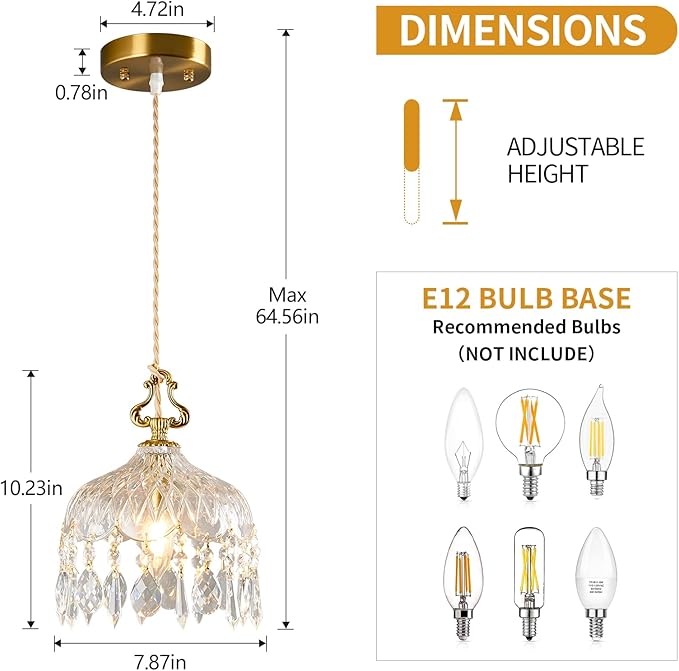 Brass Vintage Glass Pendant Light Crystal Hanging Light Fixtures,Adjustable Height Single Head Pendant Lights for Dining Room Living Room Bedroom Hallway(1-Pack)