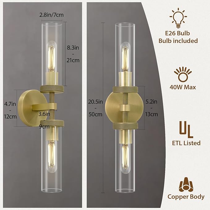 Knurled Brass Wall Sconces Set of Two,21" Sconces Wall Lighting 2-Light, Gold Bathroom Wall Sconces, Glass Vanity Lights, Indoor Wall Sconce for Bathroom,Bedroom, Living Room, Hallway