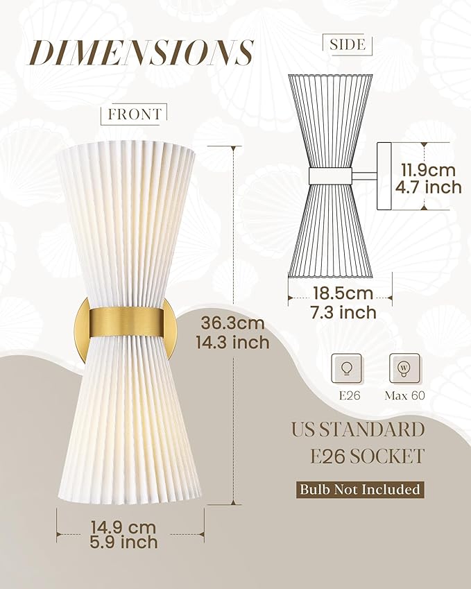 Wall Sconces Set of Two, HWH 14.3 Inch Gold Bathroom Light Fixtures with Milk White Striped Fabric Shade, Modern Wall Light fixtures for Living Room Bedroom, 5HZG97B-2W-2PK BG-FB