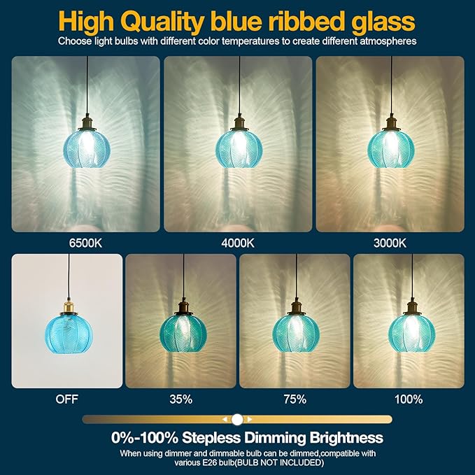 Modern Plug in Hanging Light, 7.8 Inch Glass Pendant Light with 14.76 FT Adjustable Plug in Cord, Vintage Blue Hanging Lamp for Dining Room Bedroom Kitchen Island Bathroom E26