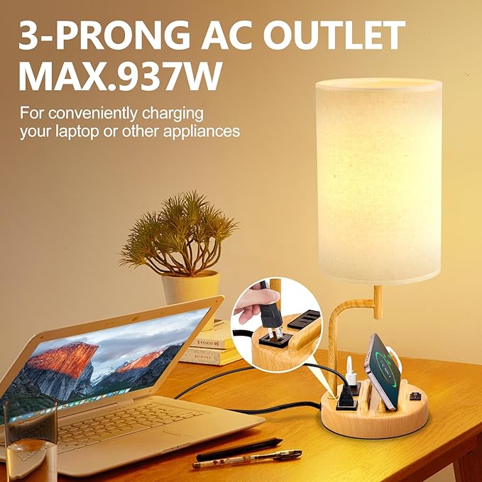 Dreamholder Table Lamp with 3 USB Charging Ports, Modern Desk Lamp with AC Outlet and Phone Stands, Perfect Bedside Lamp for Bedroom, Living Room, Office (Pack of 2)