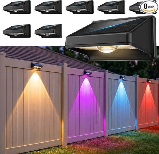 Solar Fence Lights Outdoor,White & RGB 8 Colors 8Pack Fence Lights Solar Powered Ultra-Bright LED Lens IP65 Waterproof Solar Patio Lights for Outside,Deck/Flood/Backyard/Yard /Step/Railings/Wall