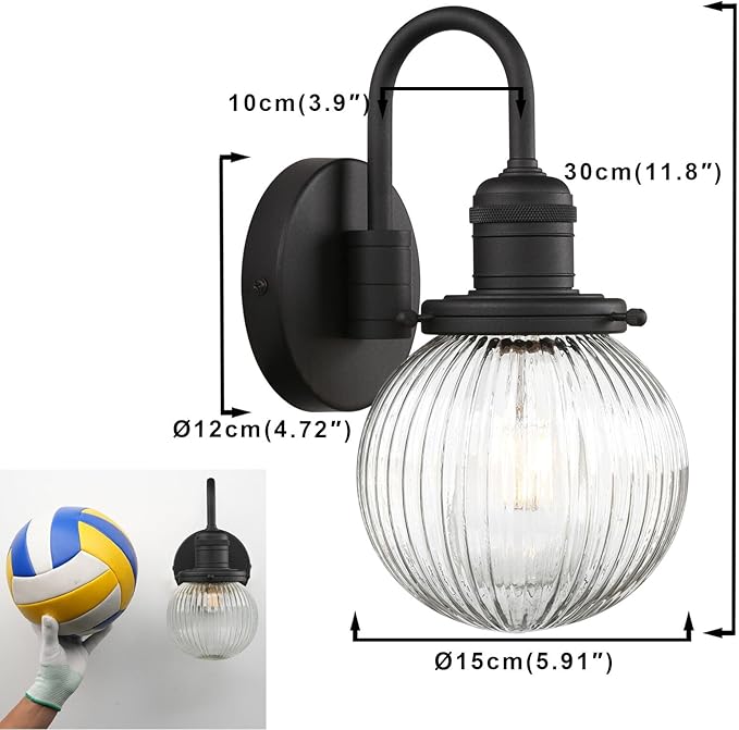 Yosoan 1-Light Brass Modern Vintage Indoor Wall Sconce, Vanity Single Luxury Hardwired Retro Textured Striped Globe Round Clear Glass Shade with Industrial Curved Rod Bathroom Lamp(Black)