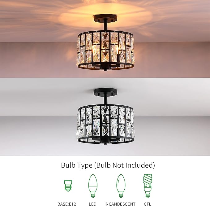 MEXO Farmhouse Crystal Round Semi Flush Mount Close to Ceiling Light Fixture, Drum Shade 3LT Ceiling Lamp for Kitchen Island Dinning Room Bedroom, Hallway Black Finish