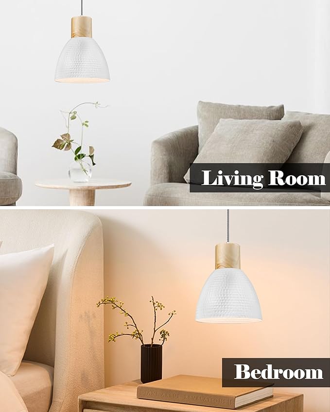 ELYONA 2 Pack Hammered Pendant Light Fixtures, 10.2” Metal & Rubber Wood Island Hanging Lamp, Adjustable Height, Modern Pendant Lighting for Kitchen,Farmhouse Bar,Dining Room,Bedroom, Nordic White