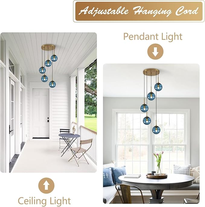KCO Lighting Nordic Blue Glass Pendant Light 5-Light Globe Cluster Pendant Lighting Brushed Gold Kitchen Island Pendant Lights Modern Farmhouse Multi Pendant Hanging Light Fixture