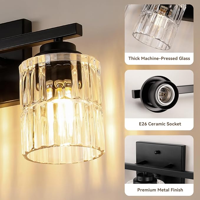 TALOYA 27 Inch Brushed Black Bathroom Light Fixtures with Thickend Clear Tapered Glass Shade, 4-Light Modern Vanity Light Over Mirror for Bathrooms, Bedrooms (Bulbs Not Included)