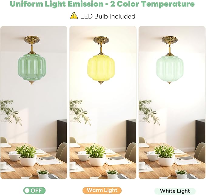 9in Green Milk Glass Ceiling Light, LED Bulb Included, Vintage Schoolhouse Semi Flush Mount Pendant Light Art Deco Chandelier for Kitchen Dining Room Hallway Bedroom, Antique Gold & Green
