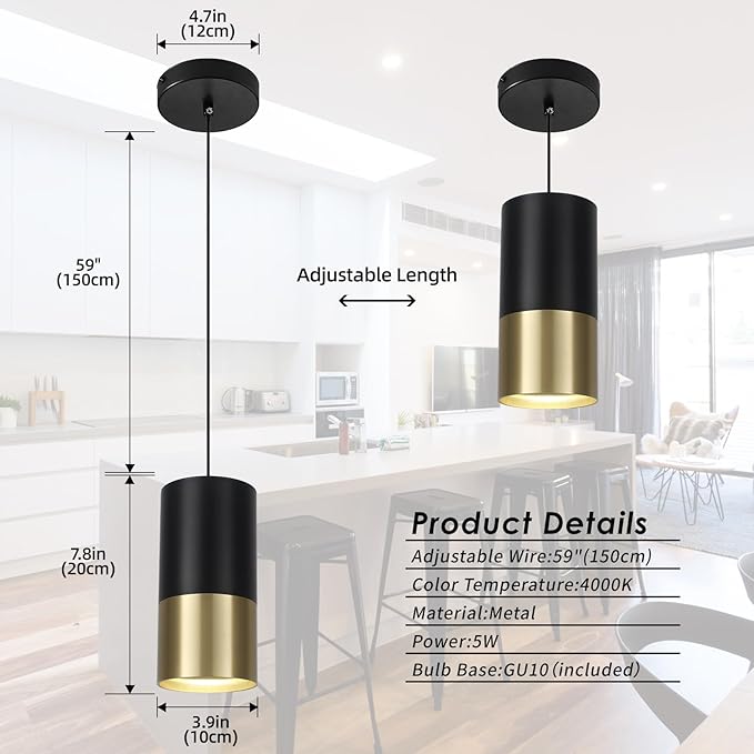 Black and Gold Pendant Light 3 Pack - Small Pendant Lights Kitchen Island with GU10 Bulbs, Minimalist Hanging Light for Dining Room Bedroom Bar, 5W 4000K