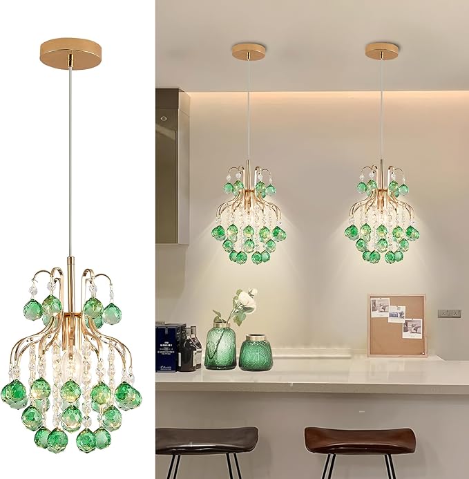 Surpars House Elegant Mini Chandelier Flush Mount Crystal Pendant Light,Golden (Green Shade)