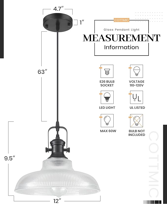 Black Glass Pendant Lights Kitchen Island, 12in, Modern Kitchen Pendant Lights Fixture, Farmhouse Pendant Lighting for Dining Room Bedroom Bar Sink, 2 Pack