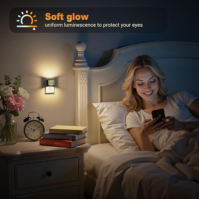 JandCase LED Night Light, Night Lights Plug into Wall with Dusk to Dawn Sensor, 3 Colors Amber/3000K/5000K & 5 Brightness Levels, Adjustable Brightness Nightlight for Bedroom Bathroom Hallway, 2 Pack