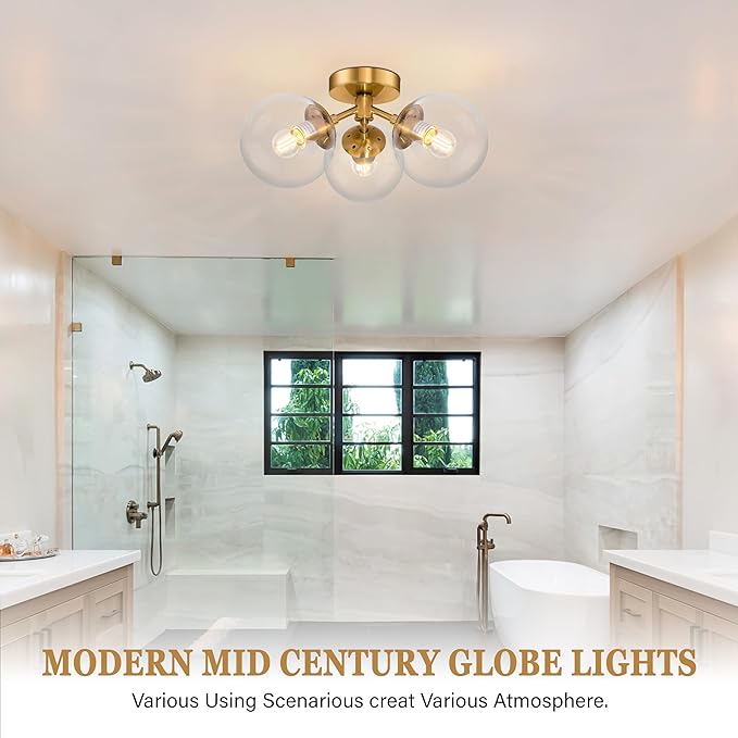 3-Light Modern Gold Semi Flush Mount Ceiling Lights Clear Glass Globe Ceiling Lights Mid Century Brass Chandelier Modern Sputnik Ceilings Light Fixture for Bedroom Hallway Entryway Living Room