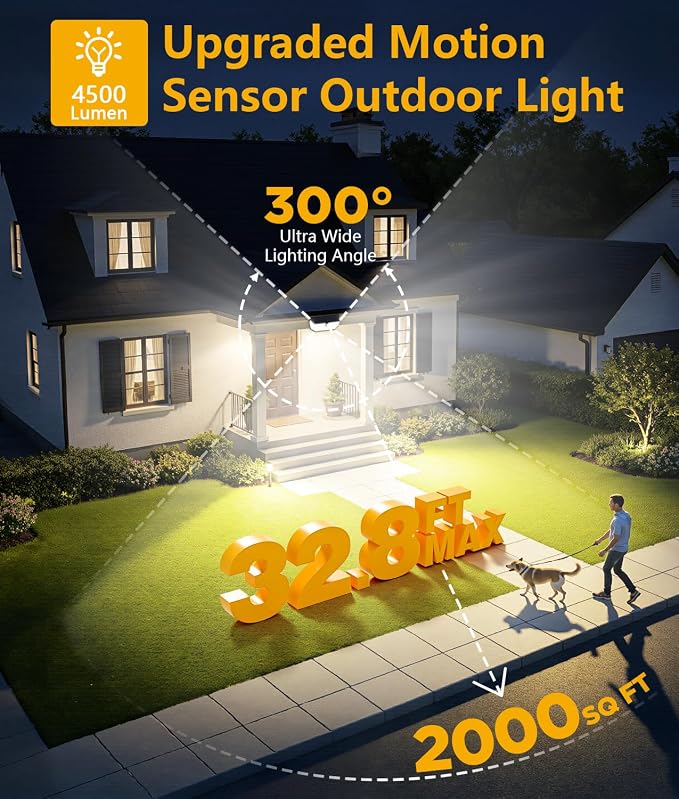 Solar Lights Outdoor Waterproof 4 Pack, 300° Angle & 3 Lighting Modes Motion Sensor Outdoor Lights, LED Solar Security Flood Lights for Fence Wall Deck Yard Front Door Garden Garage